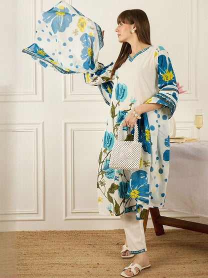 Women Floral Printed Regular Pure Cotton Kurta with Trousers & With Dupatta