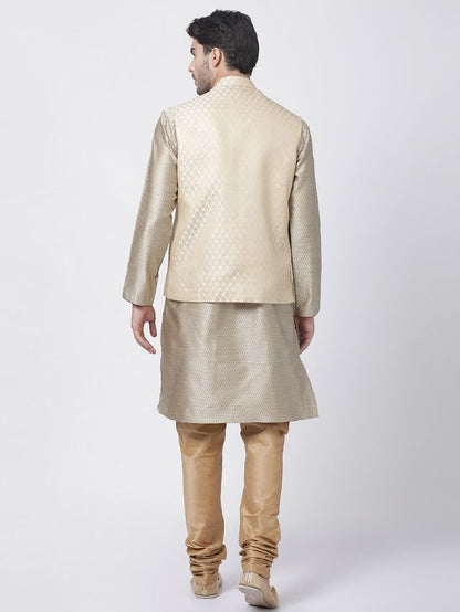 Men's Beige Silk Blend Straight Jacket  Kurta and Pyjama Set