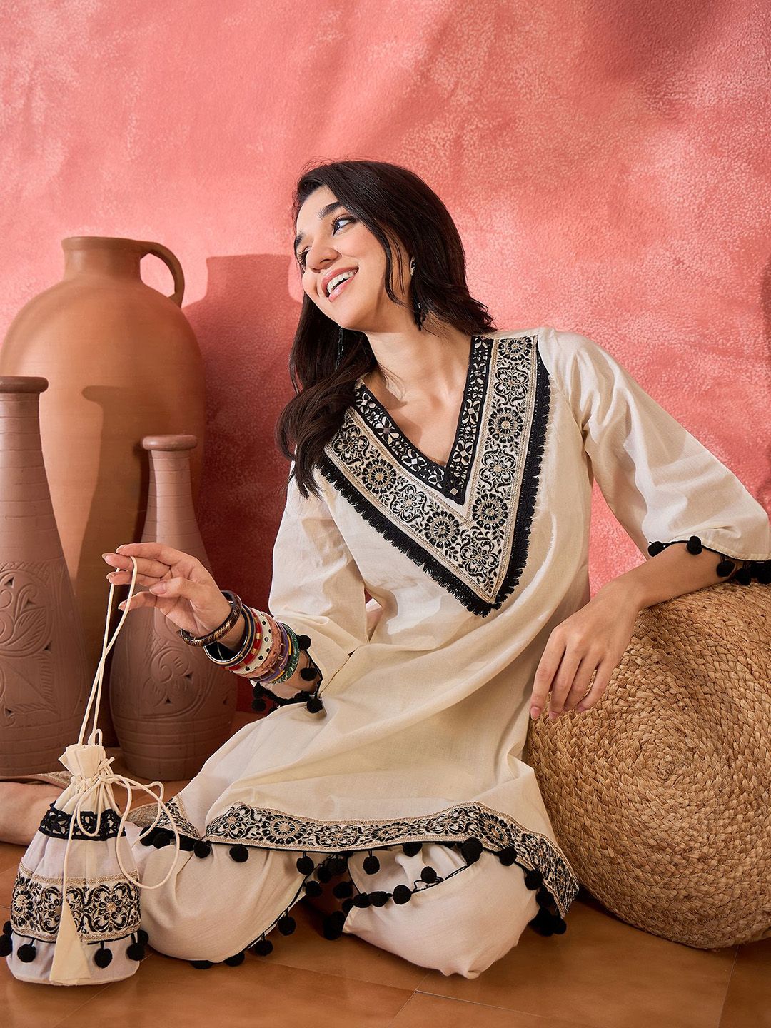 Dhiyona SN Women's Floral Embroidered V-Neck A-Line Kurta With Dhoti Pant & Bag