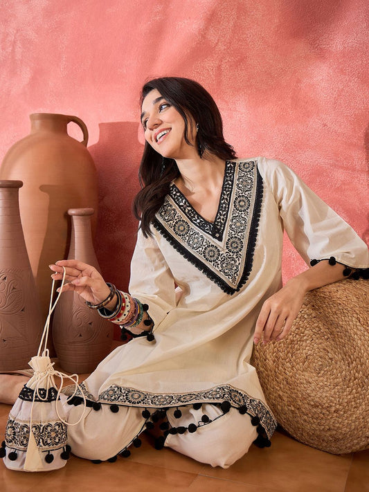 Dhiyona SN Women's Floral Embroidered V-Neck A-Line Kurta With Dhoti Pant & Bag