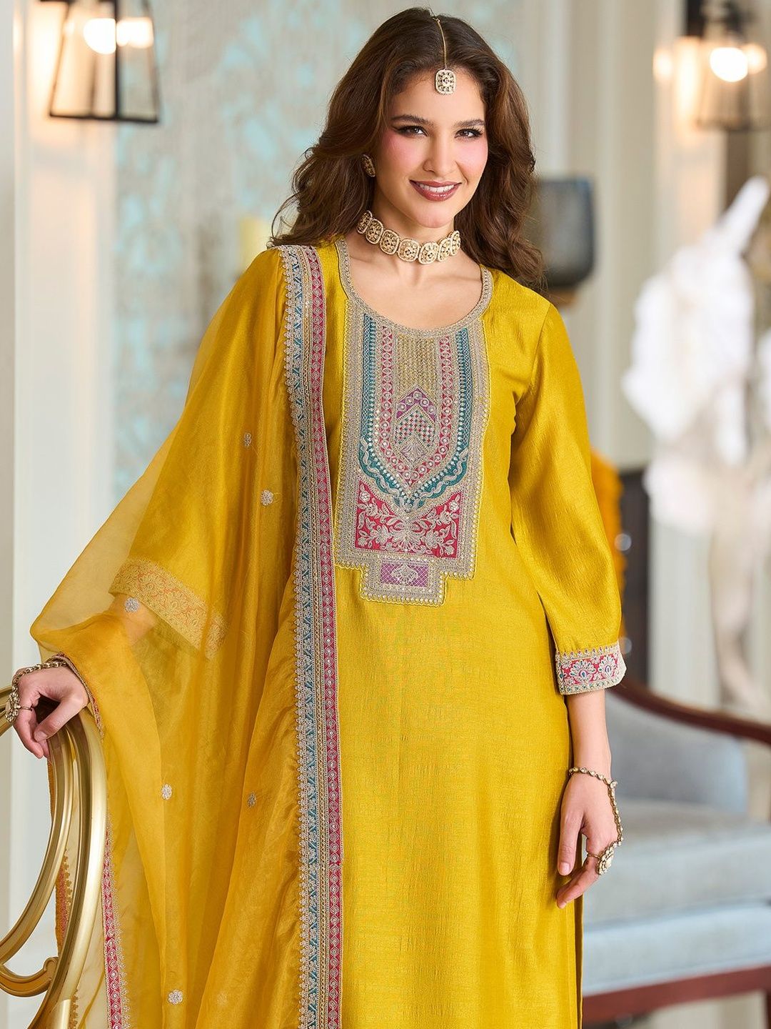 Women Ethnic Motifs Embroidered A-Line Kurta with Trousers & Dupatta