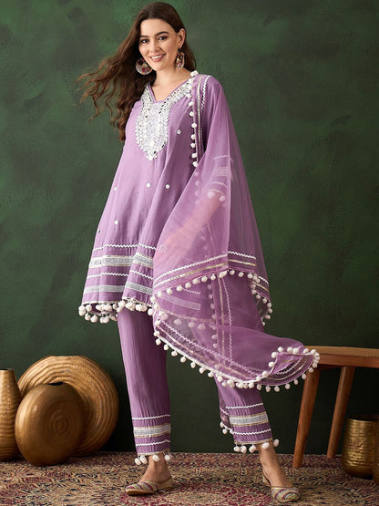 Dhiyona SN Women's Purple Floral Embroidered Mirror Work A-Line Kurta With Trousers & Dupatta