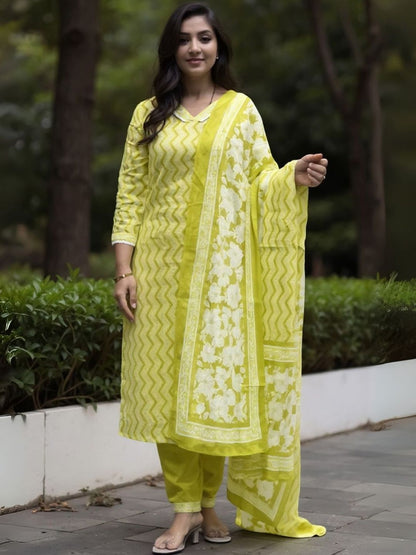 Chevron Printed V-Neck Pure Cotton Straight Kurta & Salwar With Dupatta
