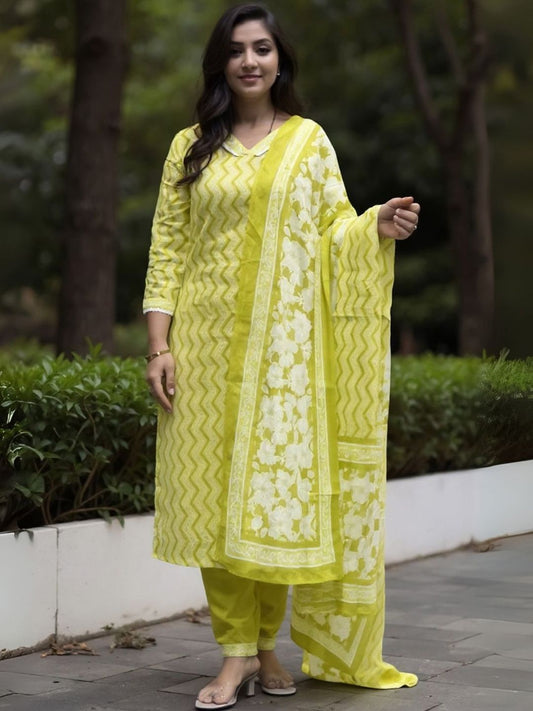 Chevron Printed V-Neck Pure Cotton Straight Kurta & Salwar With Dupatta