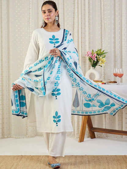 Ethnic Motifs Embroidered Thread Work Pure Cotton Kurta With Trousers & Dupatta