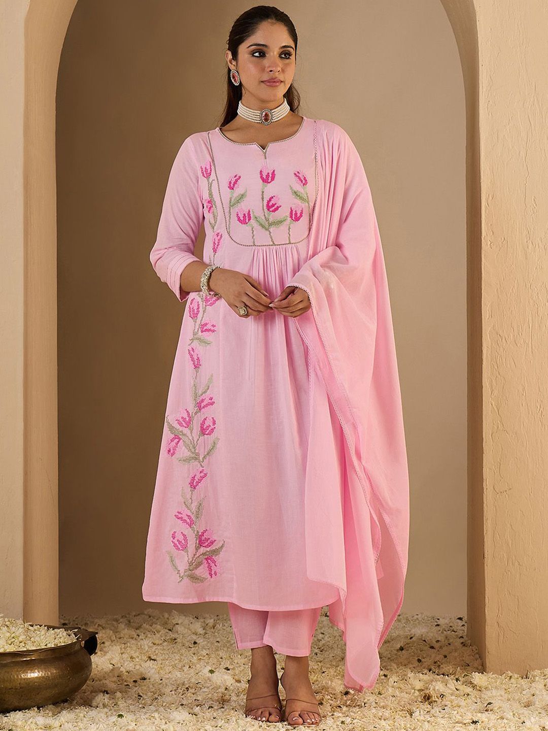 Dhiyona IE Women's Women Embroidered Empire Thread Work Pure Cotton Kurta with Trousers & Dupatta