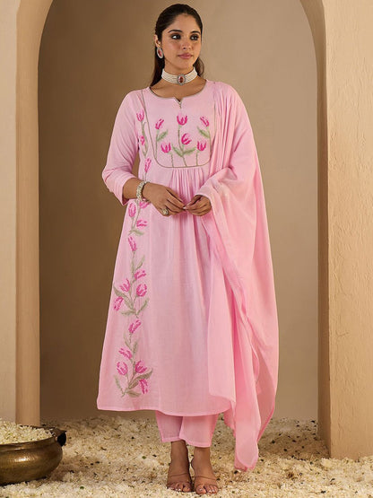 Dhiyona IE Women's Women Embroidered Empire Thread Work Pure Cotton Kurta with Trousers & Dupatta