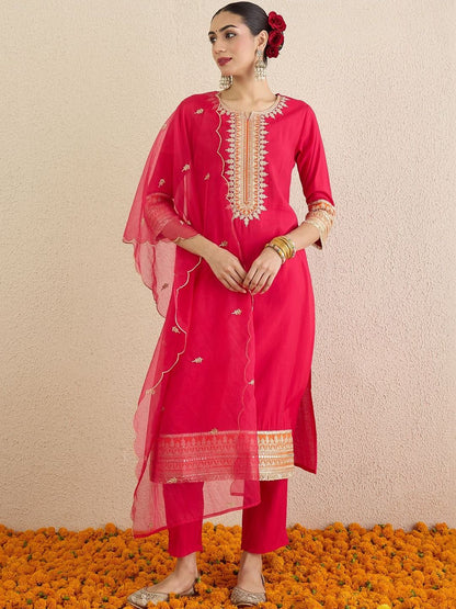 Women Ethnic Motifs Embroidered Regular Thread Work Kurta with Trousers & With Dupatta