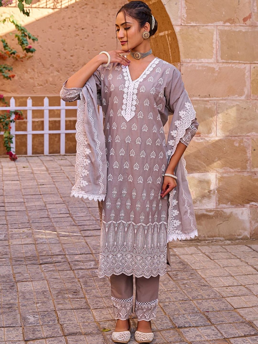 Women Ethnic Motifs Embroidered Cotton Kurta with Trousers & Dupatta