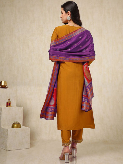 Dhiyona SO Women's Ethnic Motifs Embroidered Mirror Work Straight Kurta with Trousers & Dupatta
