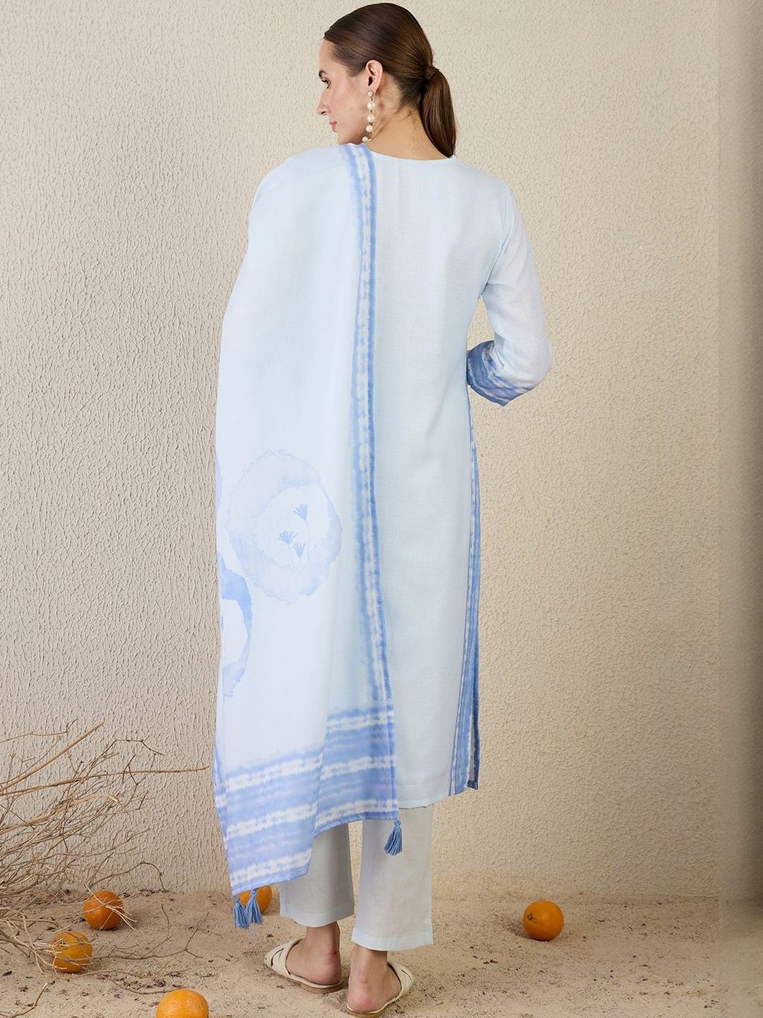 Women Abstract Printed Linen Kurta with Trousers & Dupatta