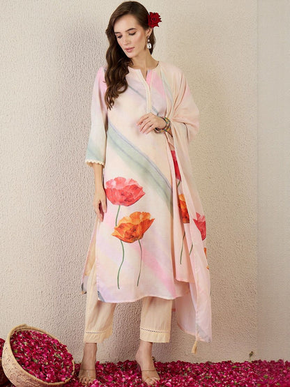 Women Floral Printed Linen Kurta with Trousers & Dupatta