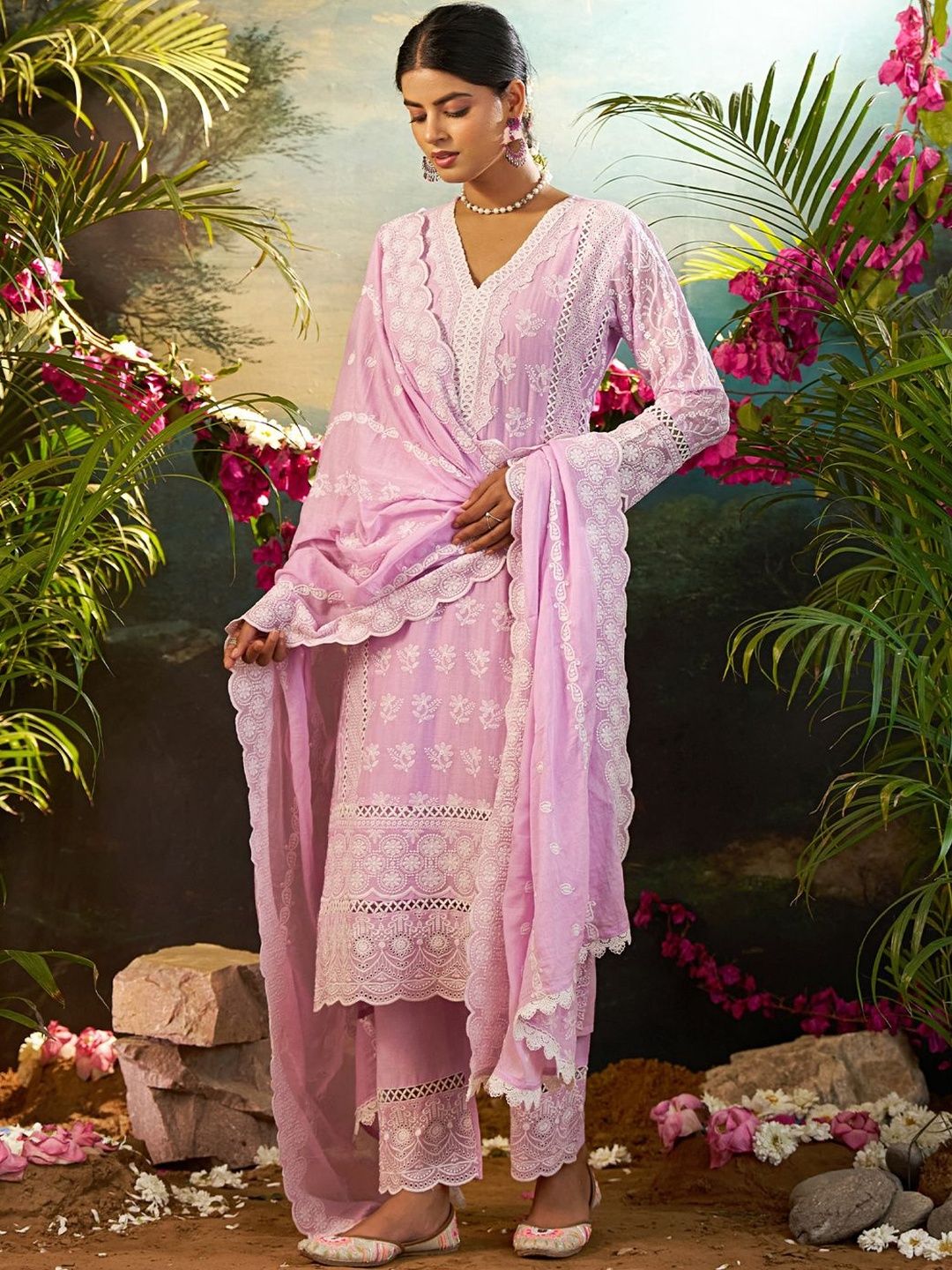 Women Ethnic Motifs Embroidered Cotton Kurta with Trousers & Dupatta