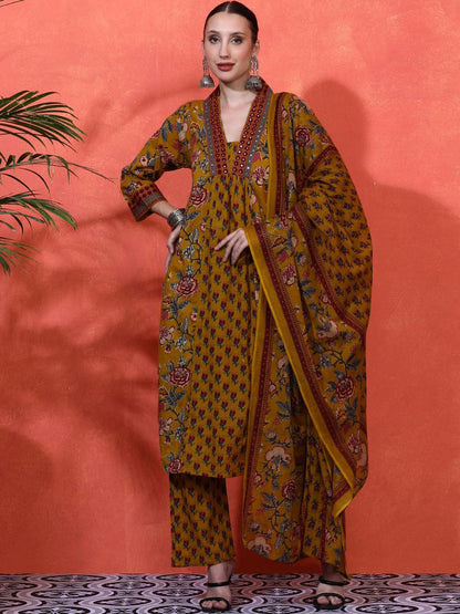 Dhiyona SN Women's Floral Embroidered A-Line Pure Cotton Kurta With Trousers & Dupatta