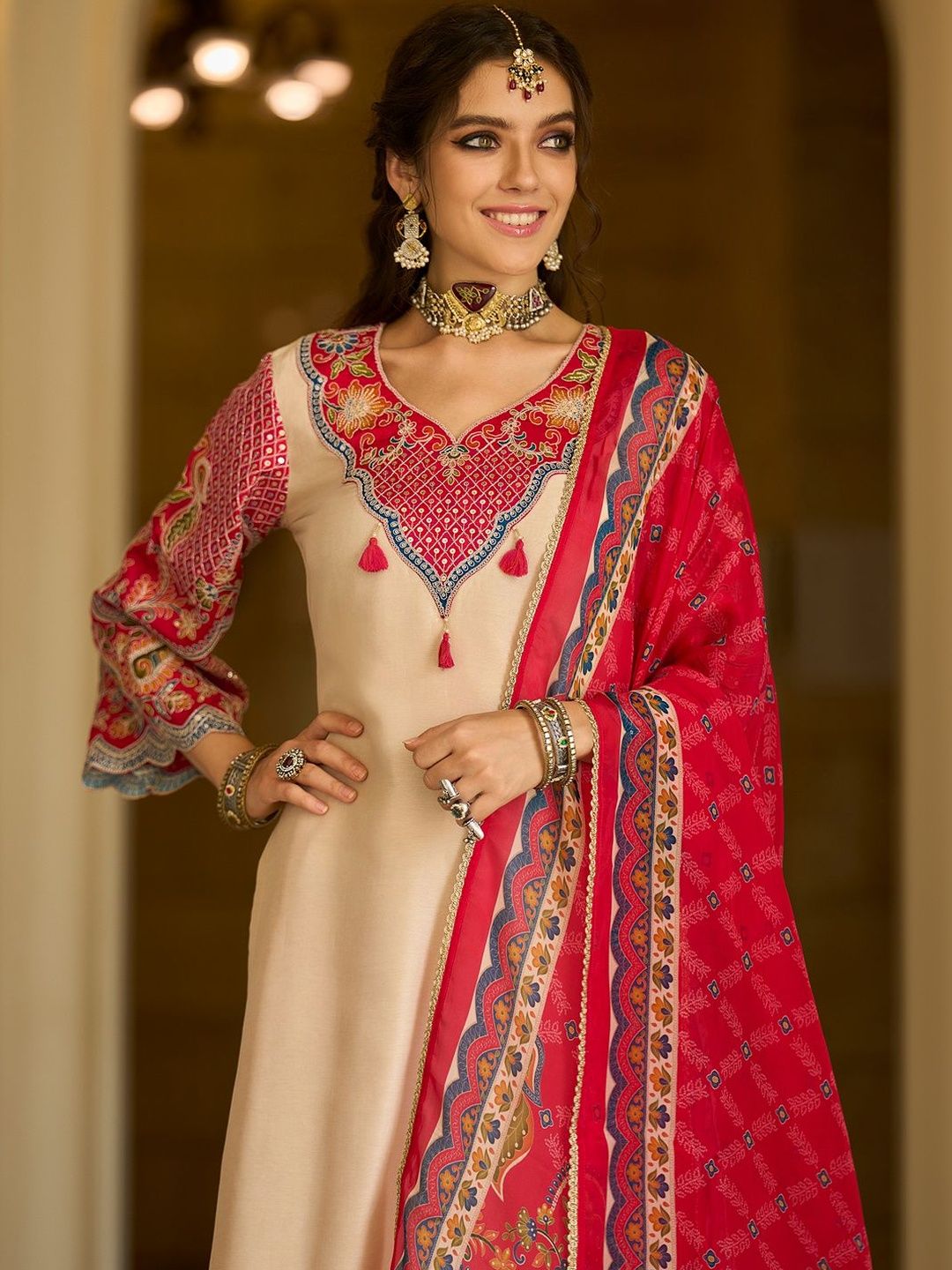 Ethnic Motifs Printed V-Neck Thread Work Kurta With Trousers & With Dupatta