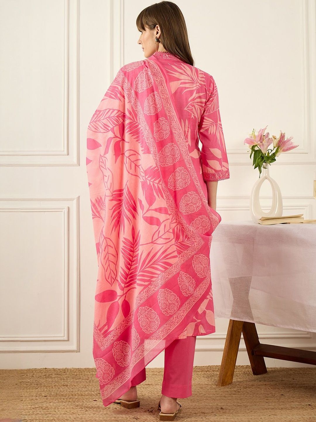 Floral Printed Thread Work Pure Cotton Kurta With Palazzos & Dupatta
