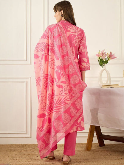 Floral Printed Thread Work Pure Cotton Kurta With Palazzos & Dupatta