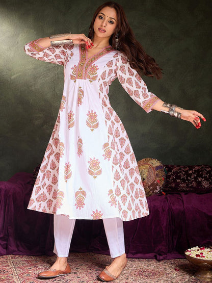 Floral Printed Panelled Pure Cotton A-Line Kurta With Trousers
