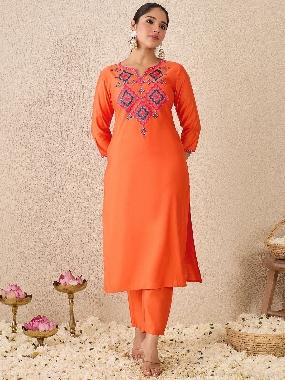 Dhiyona IE Women's Ethnic Motifs Embroidered Mirror Work Liva Straight Kurta With Trousers & Dupatta