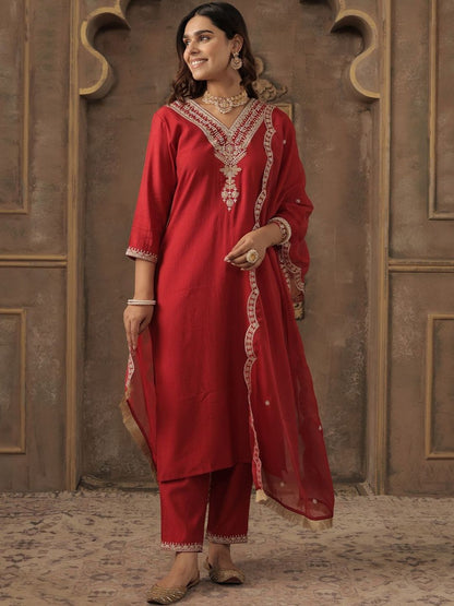 Ethnic Motifs Embroidered V-Neck Straight Kurta With Trousers & Dupatta