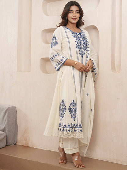 Dhiyona PD Women Floral Embroidered Pure Cotton Kurta & Trousers With Dupatta