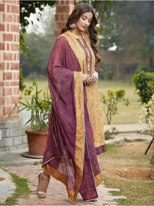 Dhiyona WP Floral Embroidered Sequinned Kurta With Trousers & Dupatta