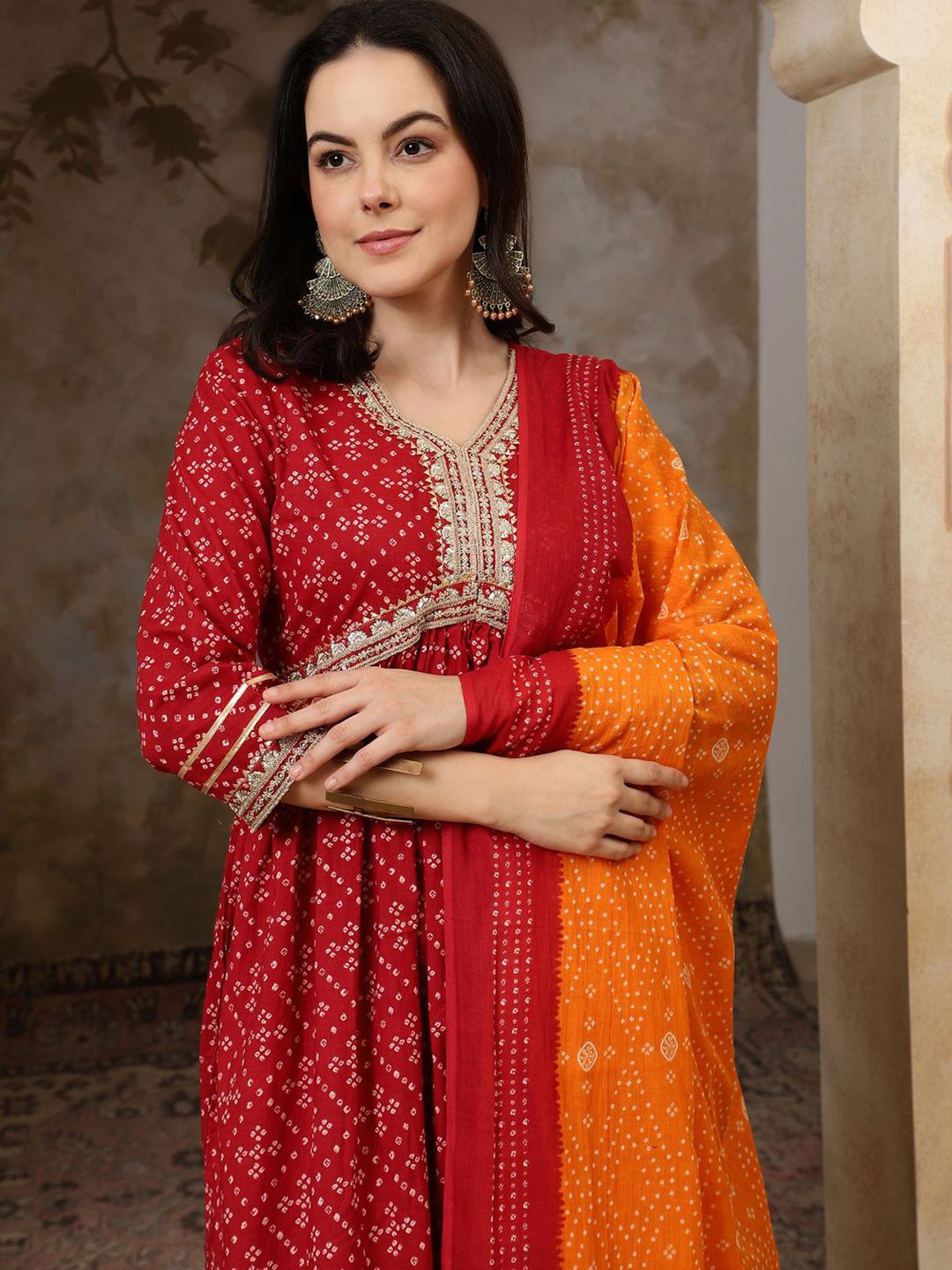 Dhiyona SN Women's Bandhani Printed V Neck Pure Cotton A Line Kurta & Trousers With Dupatta