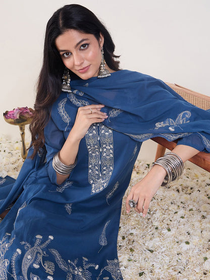 Ethnic Motifs Embroidered Thread Work Pure Cotton Kurta With Trousers & Dupatta