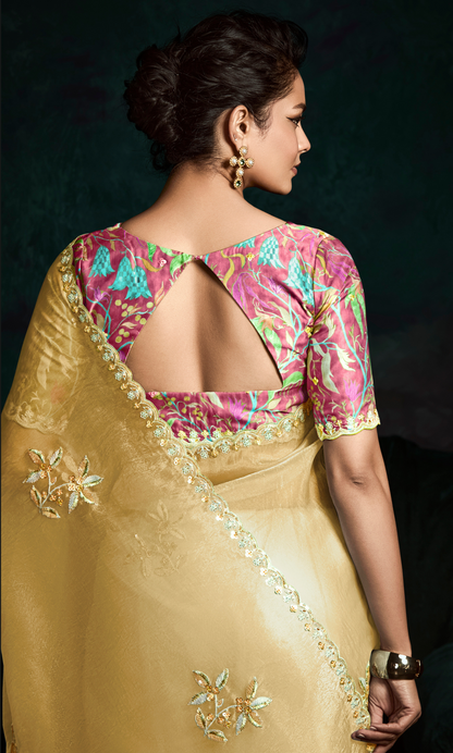 Dhiyona KM Women Yellow Designer Organza Saree: Effortless Elegance For Every Occasion
