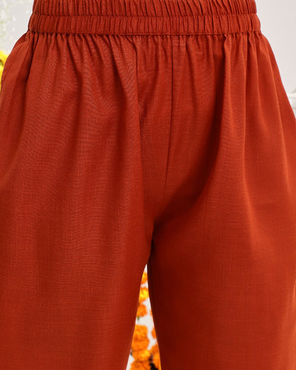 Dhiyona VR Women's Rust Yoke Embroidered Straight Kurta Paired With Tonal Bottom And Contrast Printed Dupatta
