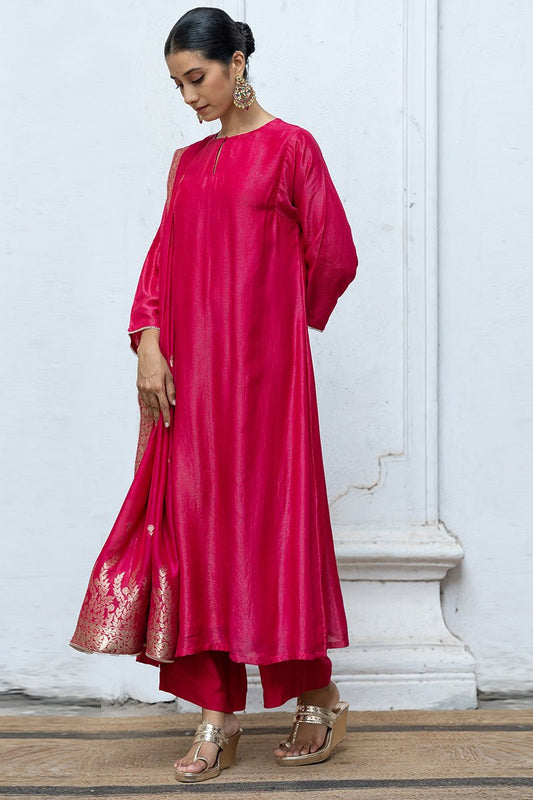 Women's Bright Rose Pink Zari Woven Bemberg Silk Salwar Suit With Zari Woven Monga Silk Jacquard Dupatta