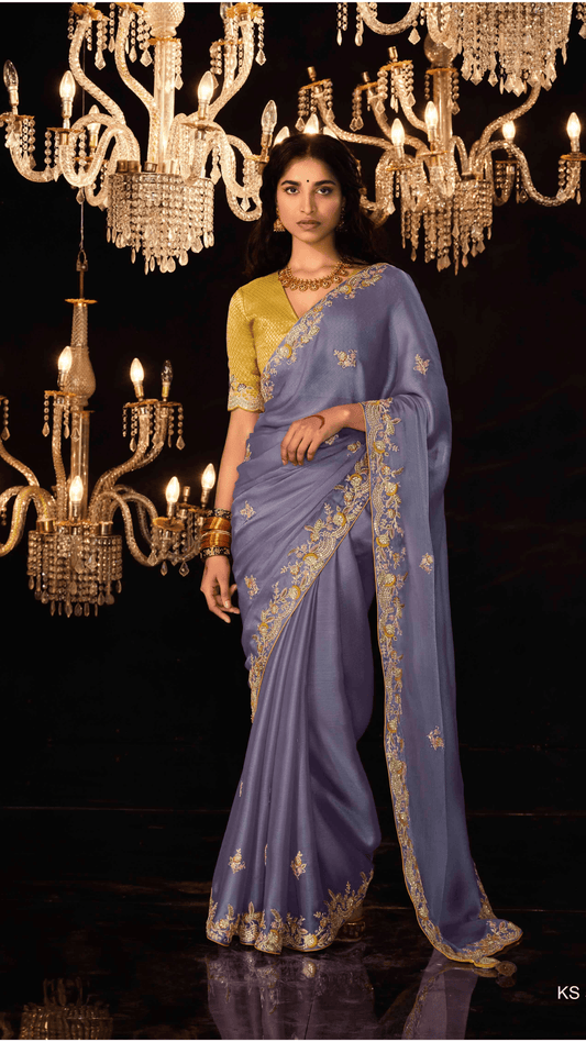 Dhiyona KM Women Purple Heavy Embroidery Designer Silk Saree