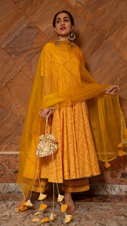 Bandhej Yellow Cotton Anarkali Set