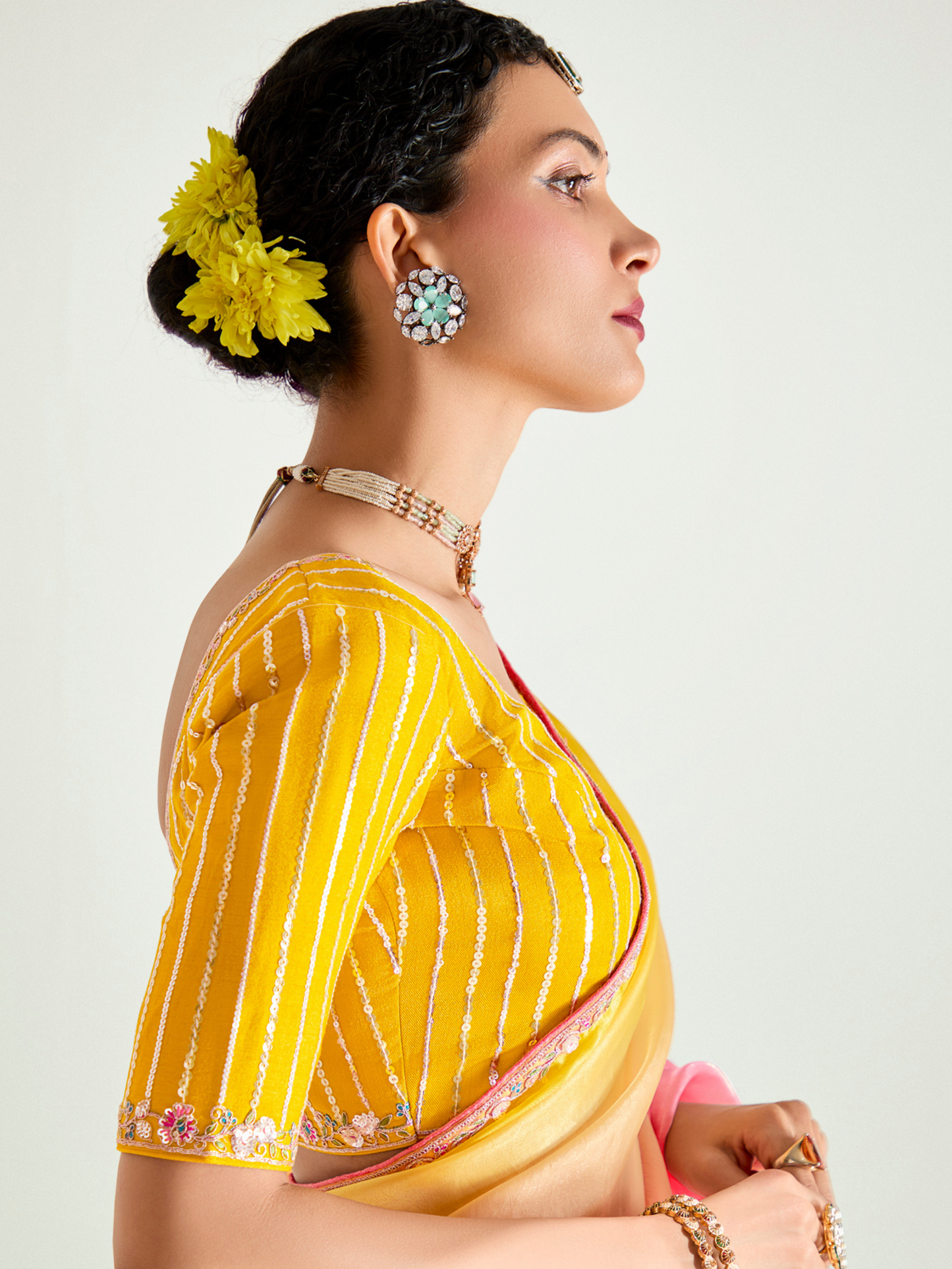 Dhiyona KM Women Yellow & Red Shade Organza Saree