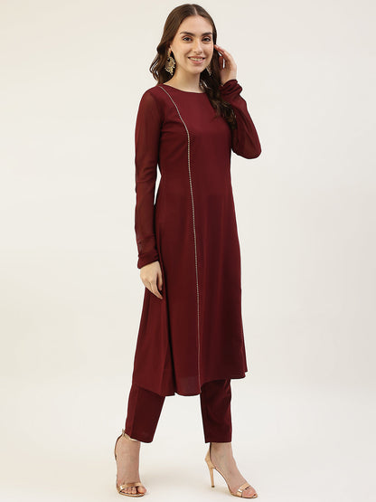 Women's Maroon Poly Crepe A-Line Kurta Set With Dupatta