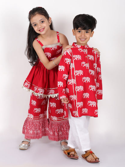 Trunk Tales Girls Red Kurta with Sharara set