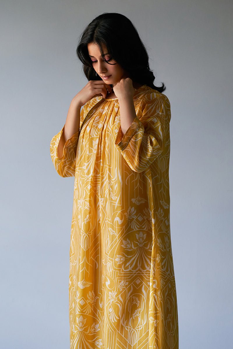 Women's Mustard Yellow and Beige Bemberg Silk Printed Co-ord Set