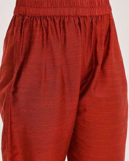 Dhiyona VR Women's Maroon & Silver Embroidered Straight Kurta With Solid Trouser And Printed Dupatta With Fringes