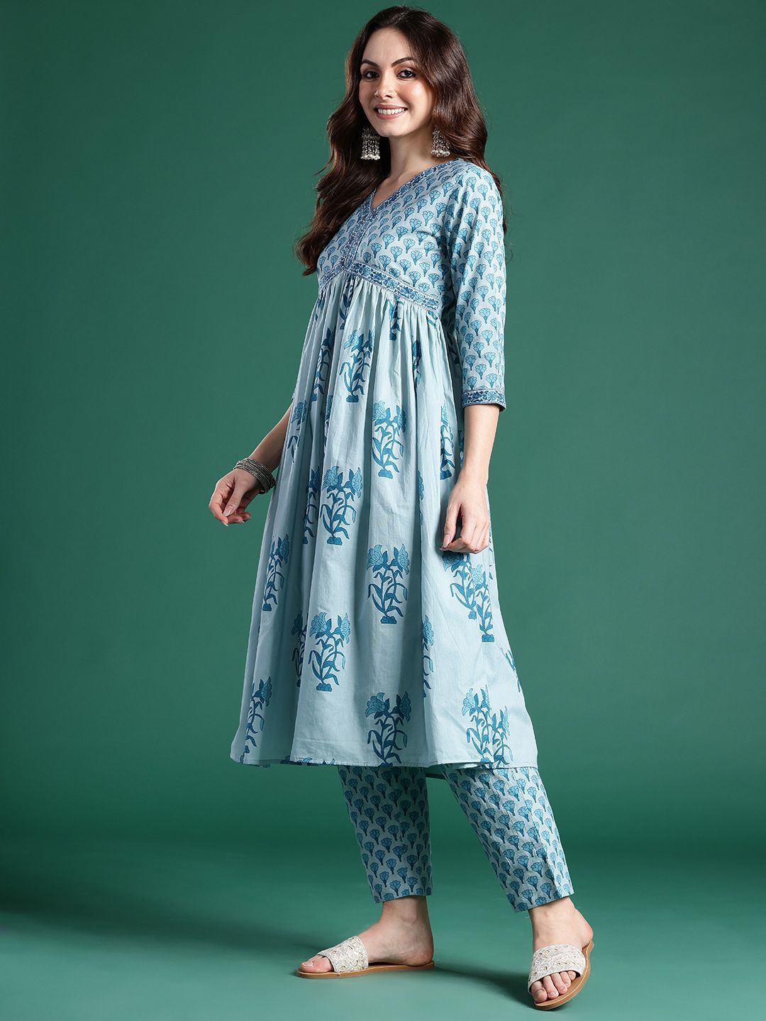 Floral Printed Empire Pure Cotton Kurta with Trousers & Dupatta