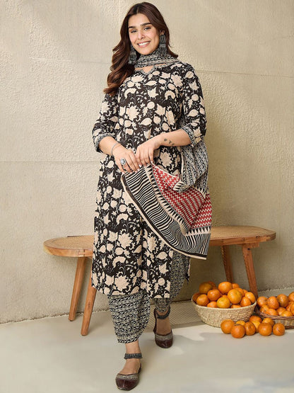 Dhiyona IE Floral Printed Notch Neck Pure Cotton Straight Kurta With Salwar & Dupatta
