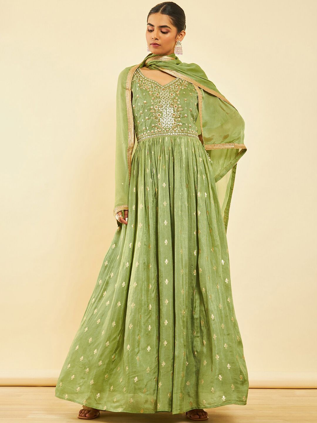 Dhiyona SO Women's Green Ethnic Motifs Embroidered Mirror Work Anarkali Kurta with Churidar & Dupatta