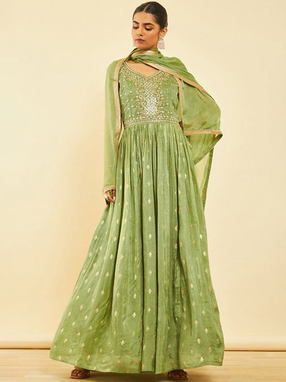 Dhiyona SO Women's Green Ethnic Motifs Embroidered Mirror Work Anarkali Kurta with Churidar & Dupatta