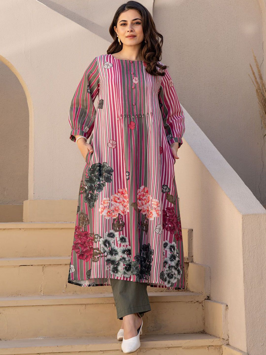 Dhiyona IE Striped A-Line Pure Cotton Kurta With Trousers