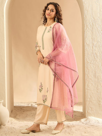 Women Floral Embroidered Regular Thread Work Kurta with Trousers & Dupatta
