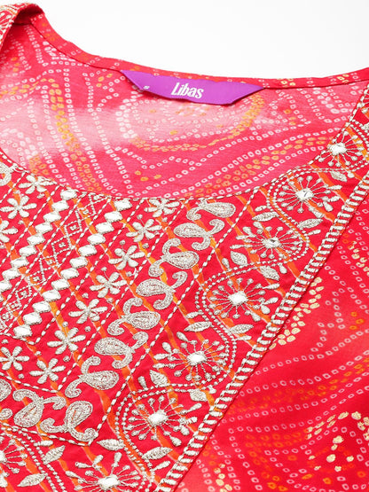 Dhiyona LB Women's Bandhani Printed Pleated Mirror Work Kurta with Trousers & Dupatta