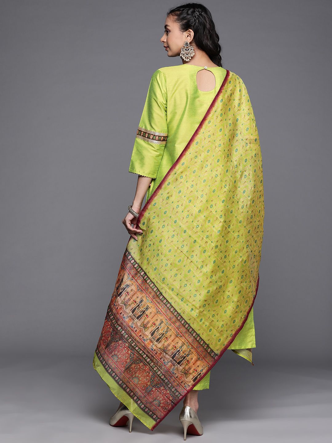 Dhiyona VA Women's Lime Green Ethnic Motifs Yoke Design Beads and Stones Kurta with Trousers & With Dupatta
