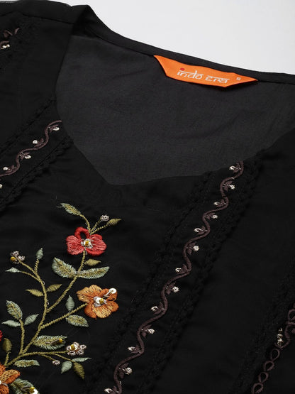 Dhiyona IE Floral Embroidered Panelled Thread Work Kurta with Trousers & With Dupatta