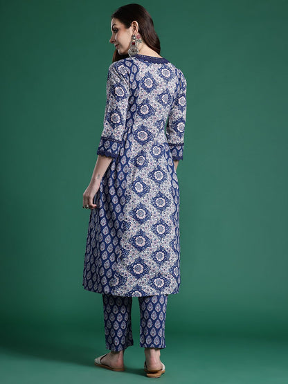 Dhiyona IE Floral Printed Angrakha Mirror Work Pure Cotton Kurta with Trousers