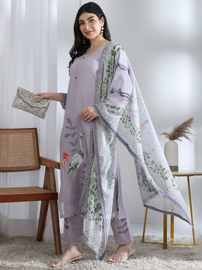 Dhiyona PD Women Floral Printed Thread Work Straight Kurta With Trousers & Dupatta