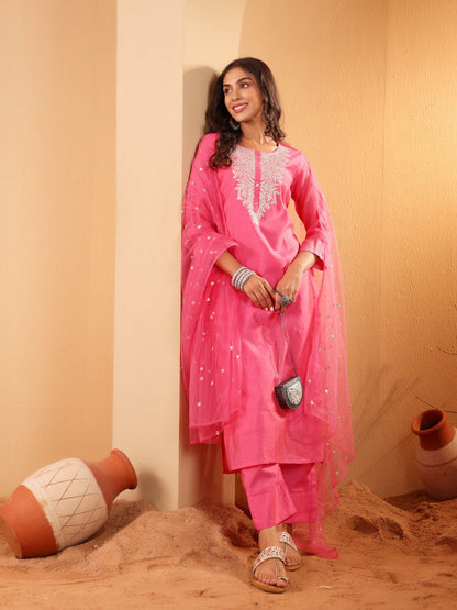 Dhiyona VA Women'sEthnic Motifs Embroidered Sequinned Chanderi Silk Kurta with Trousers And Dupatta